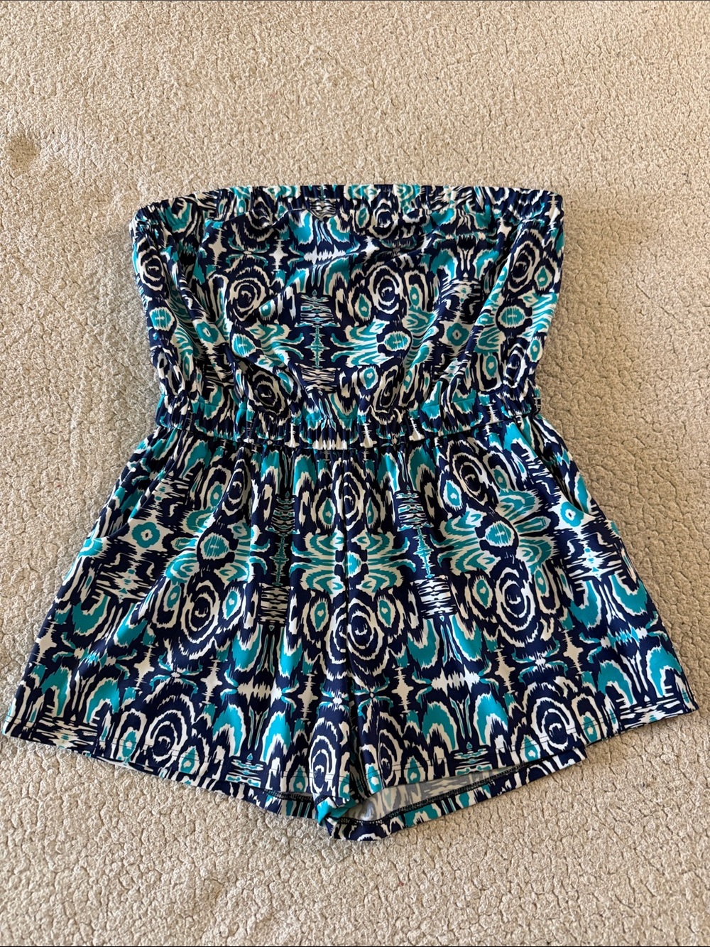 Jude Connally Strapless Romper in Navy, Teal & White Ikat Print Small New